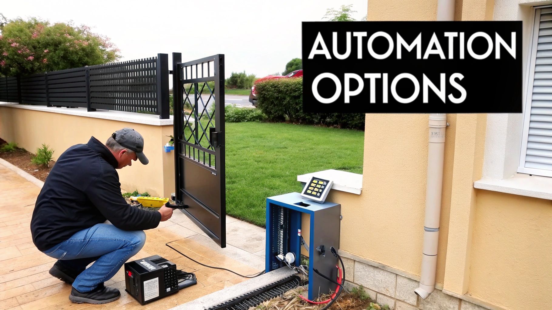 A modern keypad entry system for an automatic driveway gate, illustrating security features.
