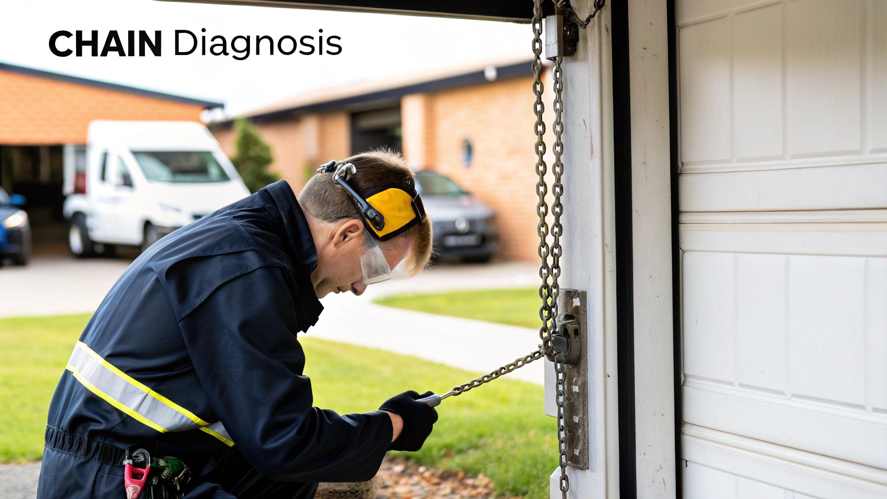 A close-up shot of a garage door chain, showing signs of wear and tear, to illustrate diagnostic focus.