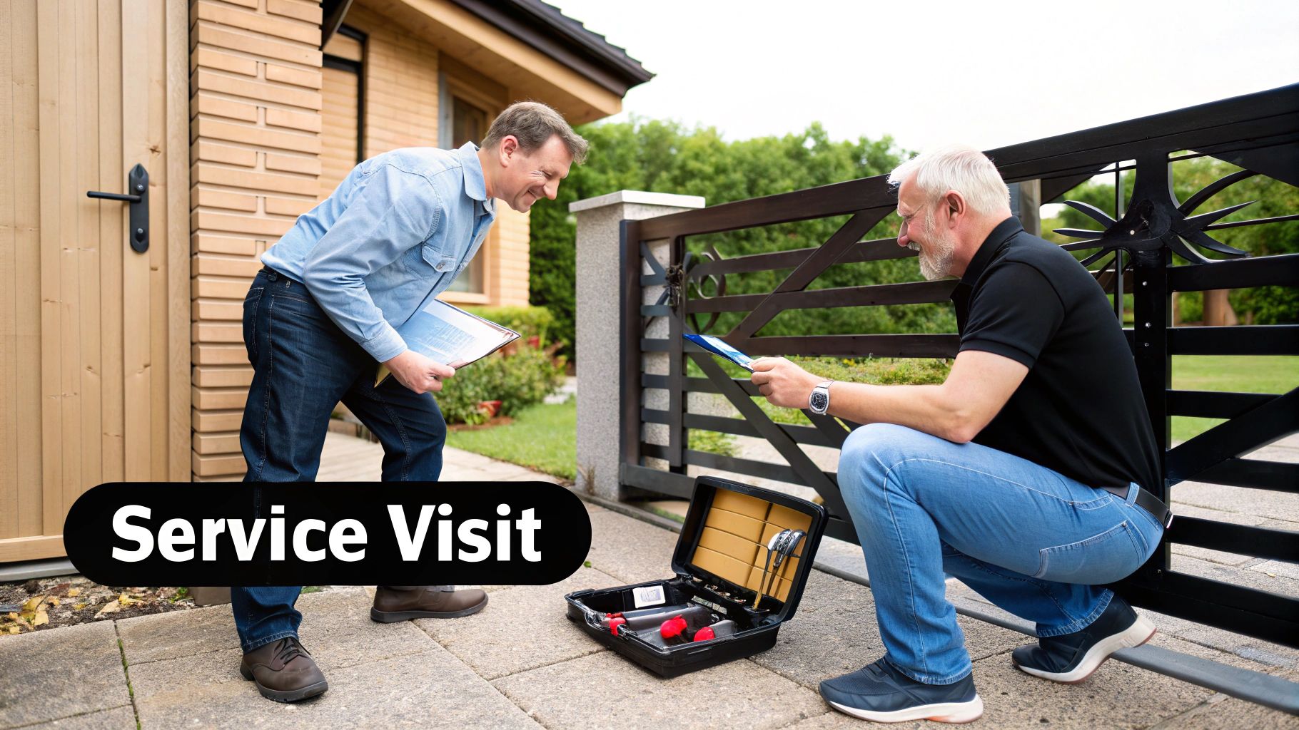 Technician examining the motor of an automatic driveway gate.