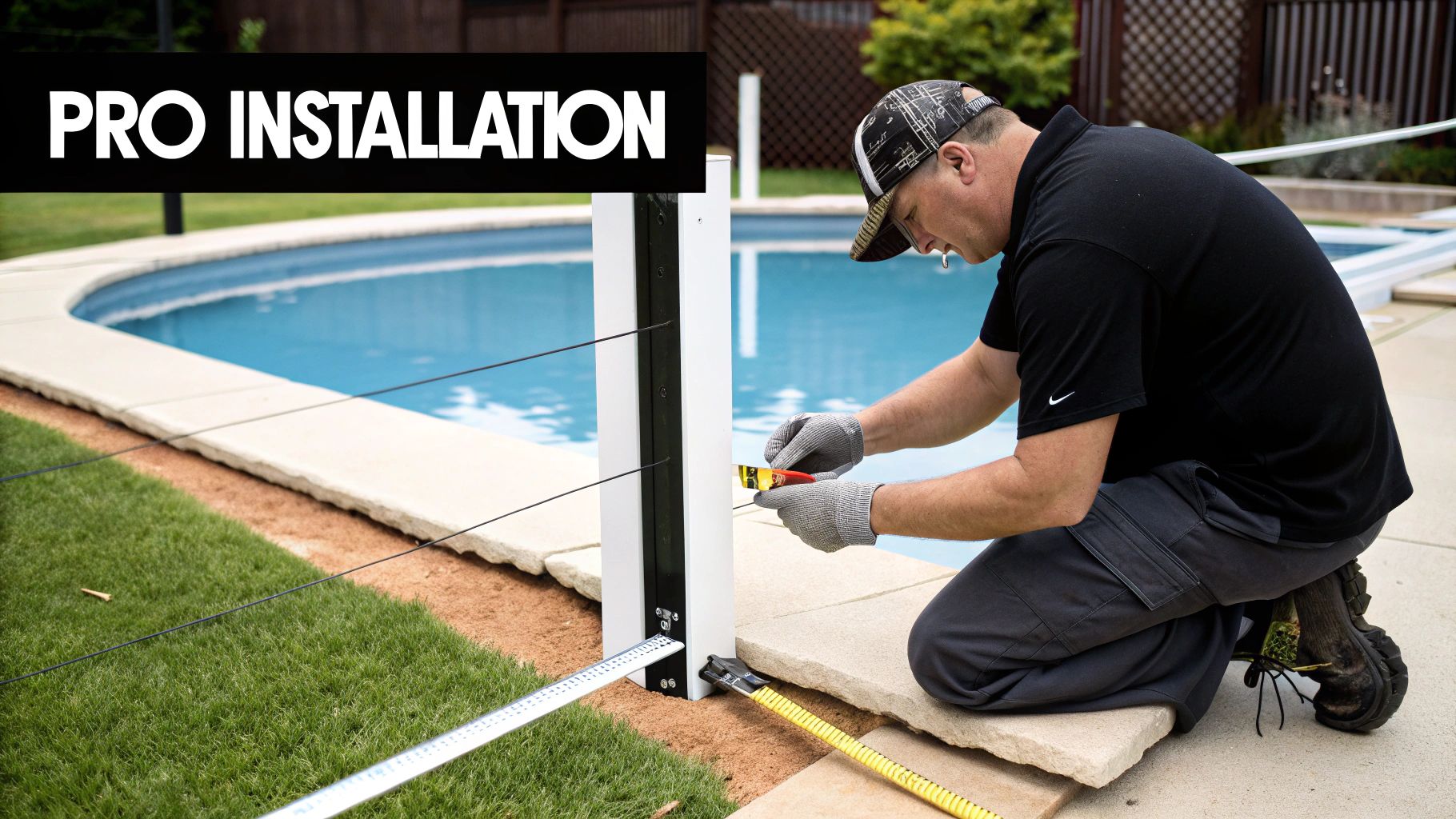 A professional installer working on a pool fence installation.