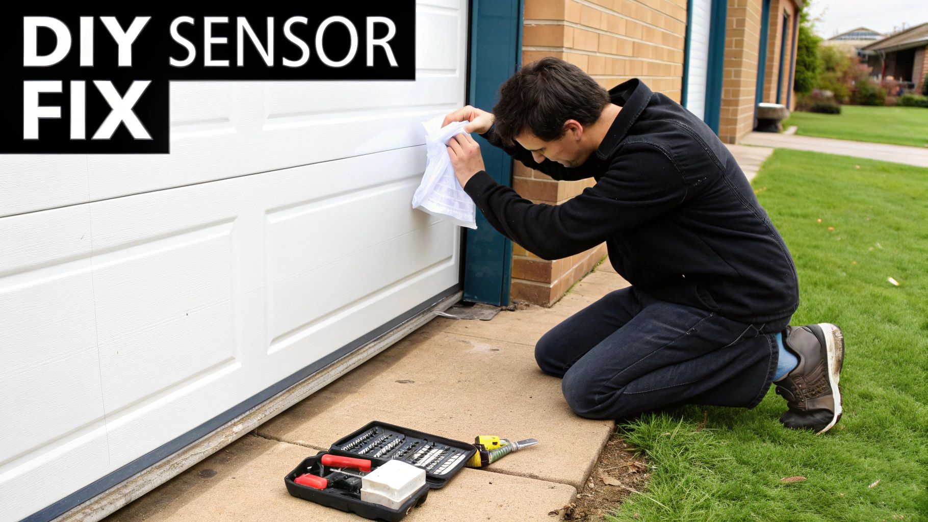 A person's hand carefully wiping the lens of a garage door eye sensor with a soft cloth.