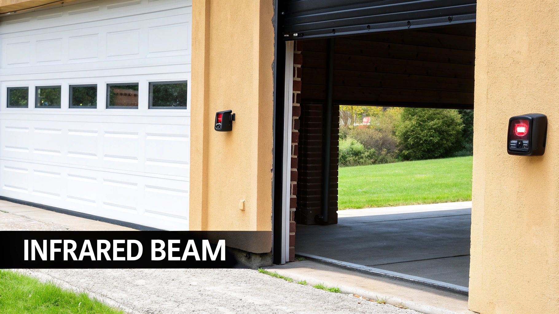 A pair of garage door eye sensors mounted near the floor on opposite sides of the garage opening.