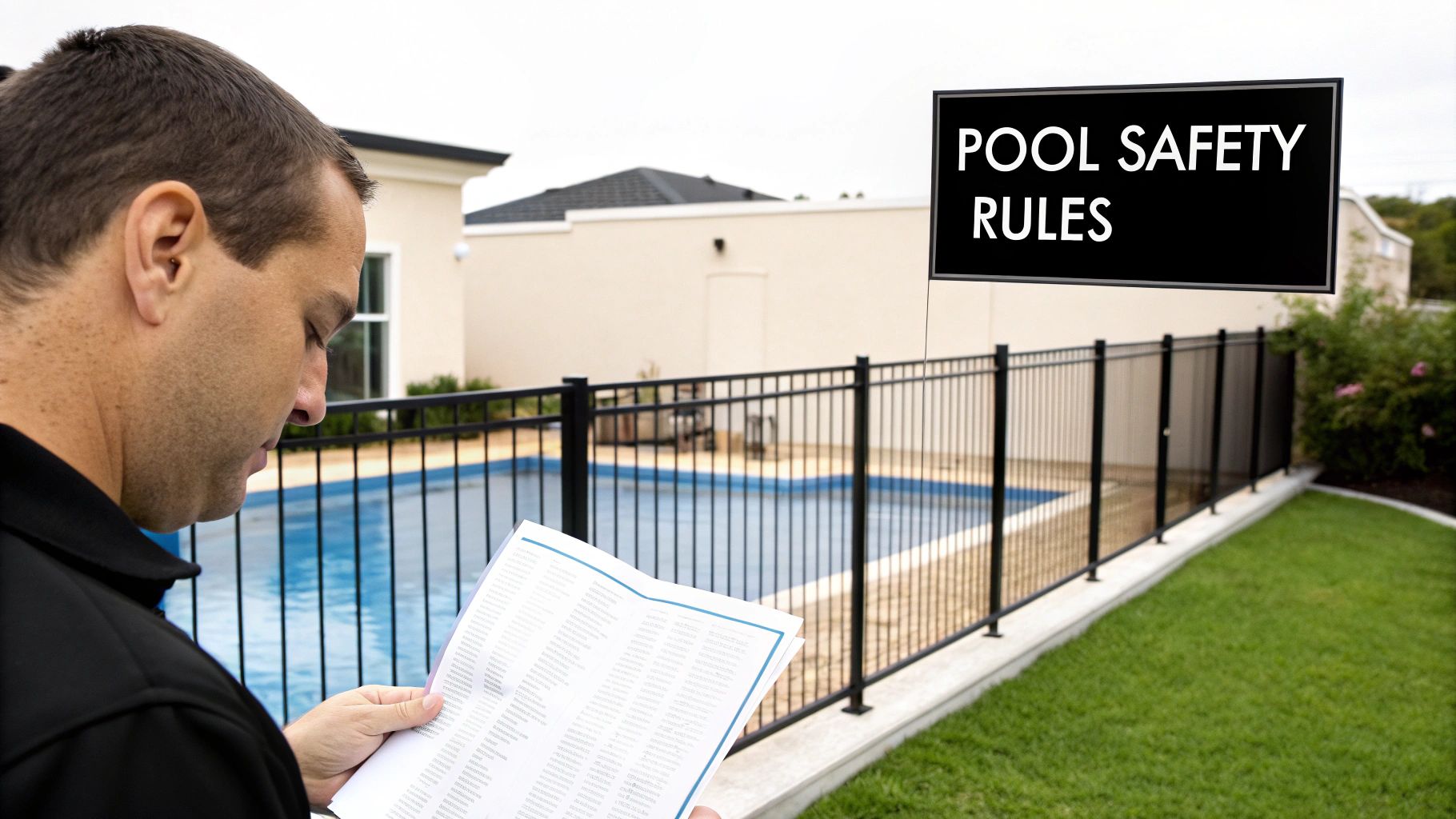 A modern pool fence with a secure gate, set against a Phoenix backyard landscape.