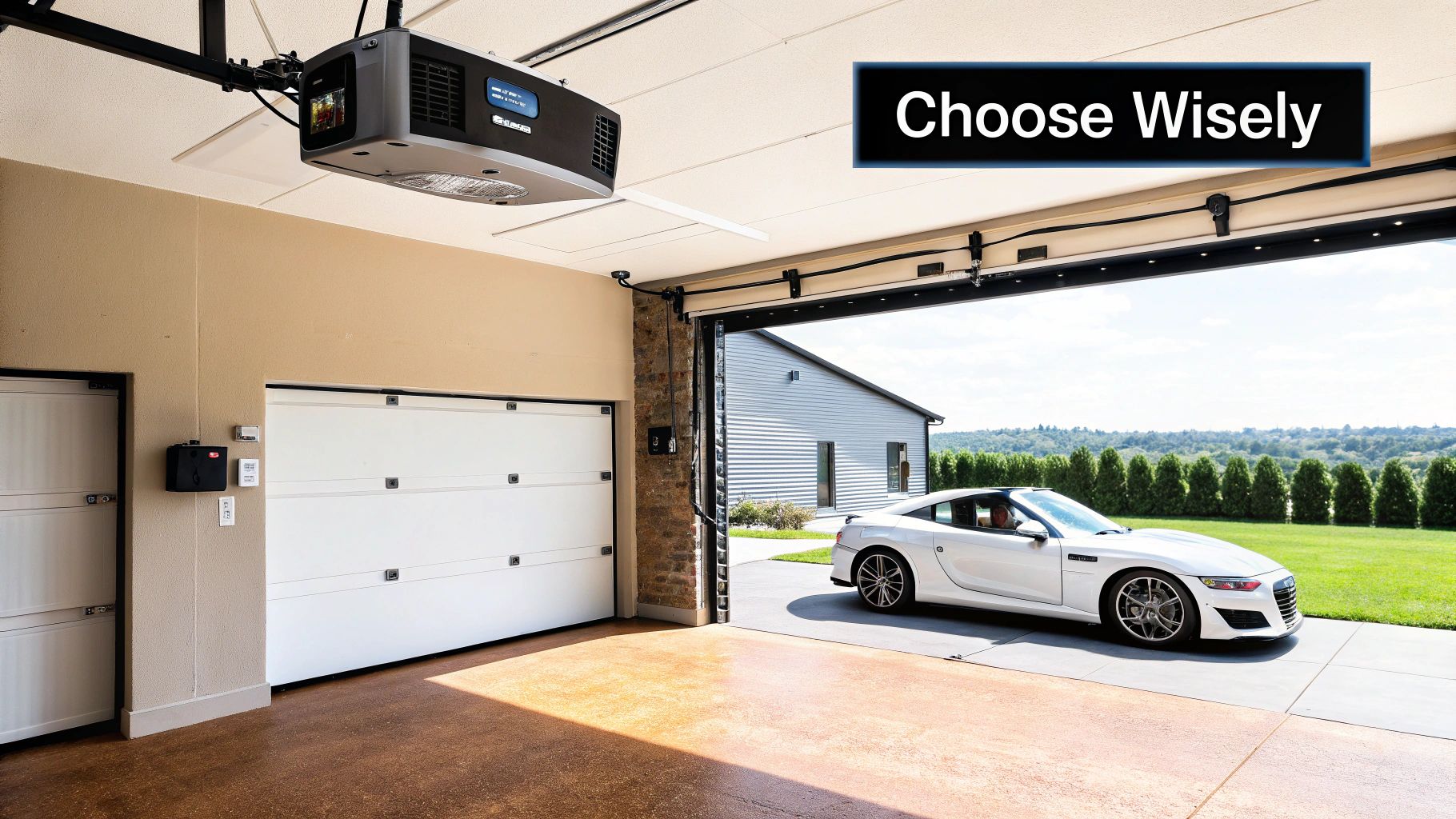 A modern, well-lit garage with a sleek, installed garage door opener on the ceiling