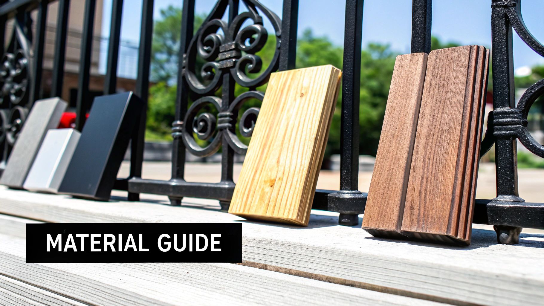 A modern black metal driveway gate with vertical slats in front of a contemporary home