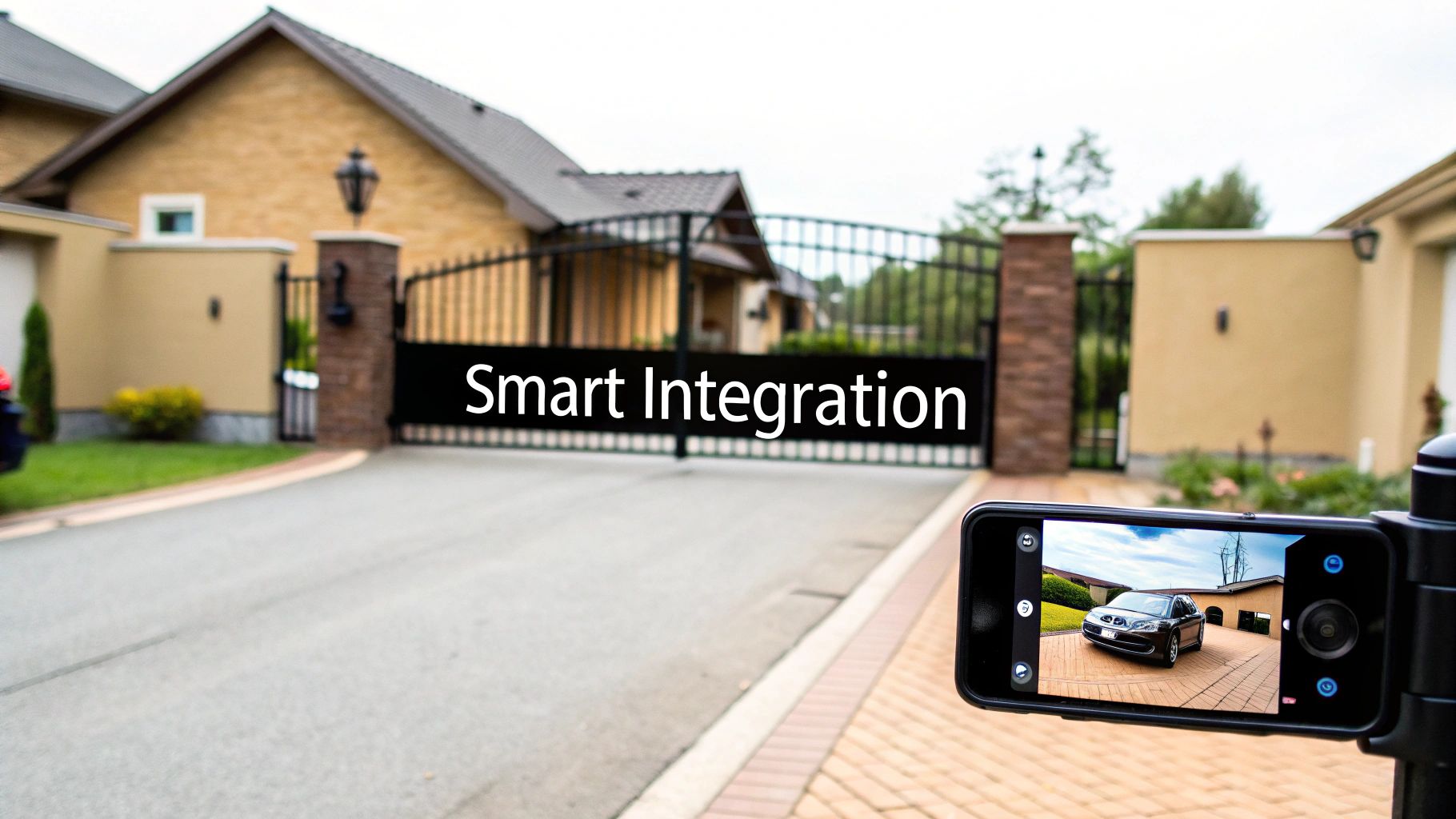 A person using a smartphone to control their residential gate access control system, with smart home icons in the background.