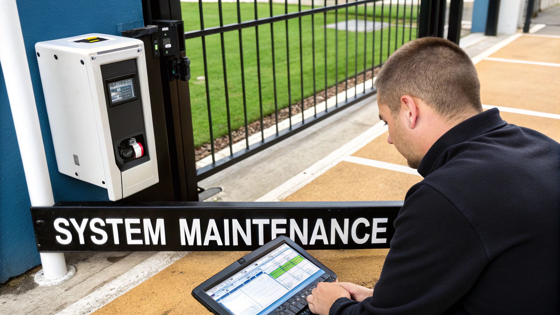 A technician working on the electronic panel of a security gate access control system.