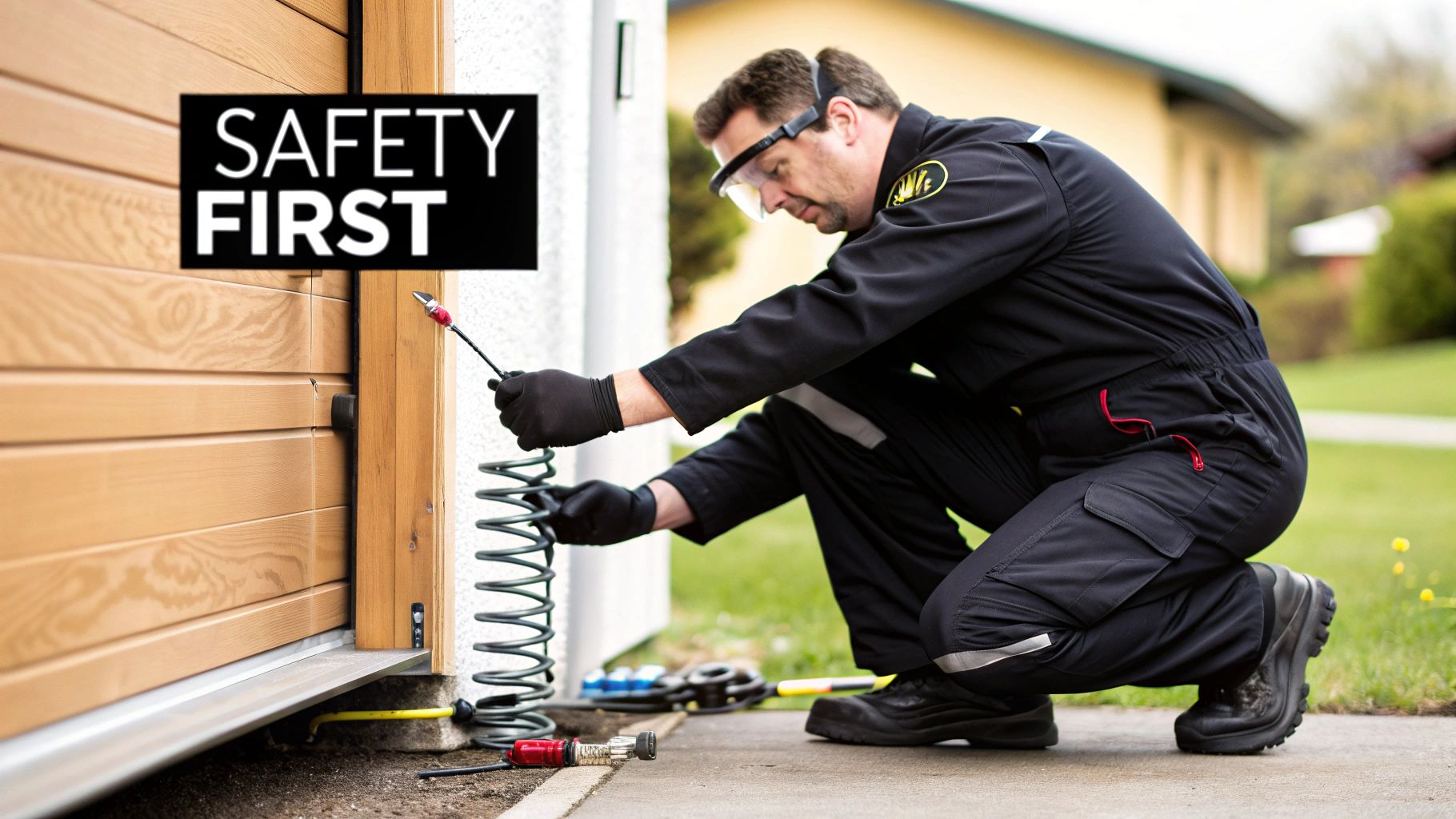 A professional technician safely installing a garage door torsion spring with proper tools.