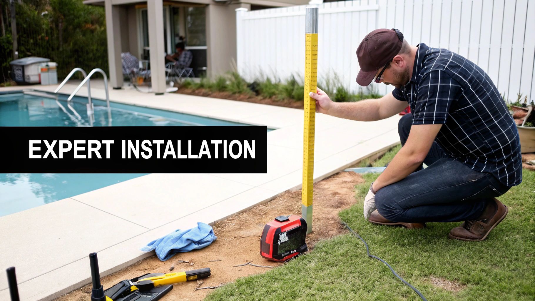 Professional installing a modern pool fence around a backyard pool.