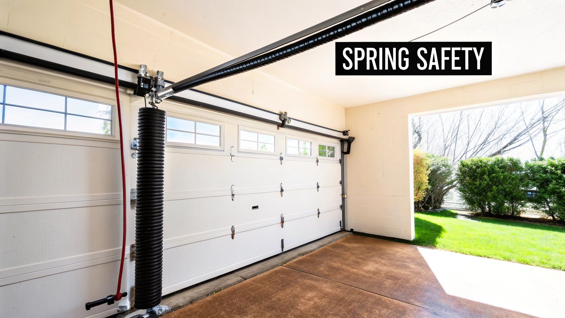 A garage door's extension spring with a safety cable running through it.