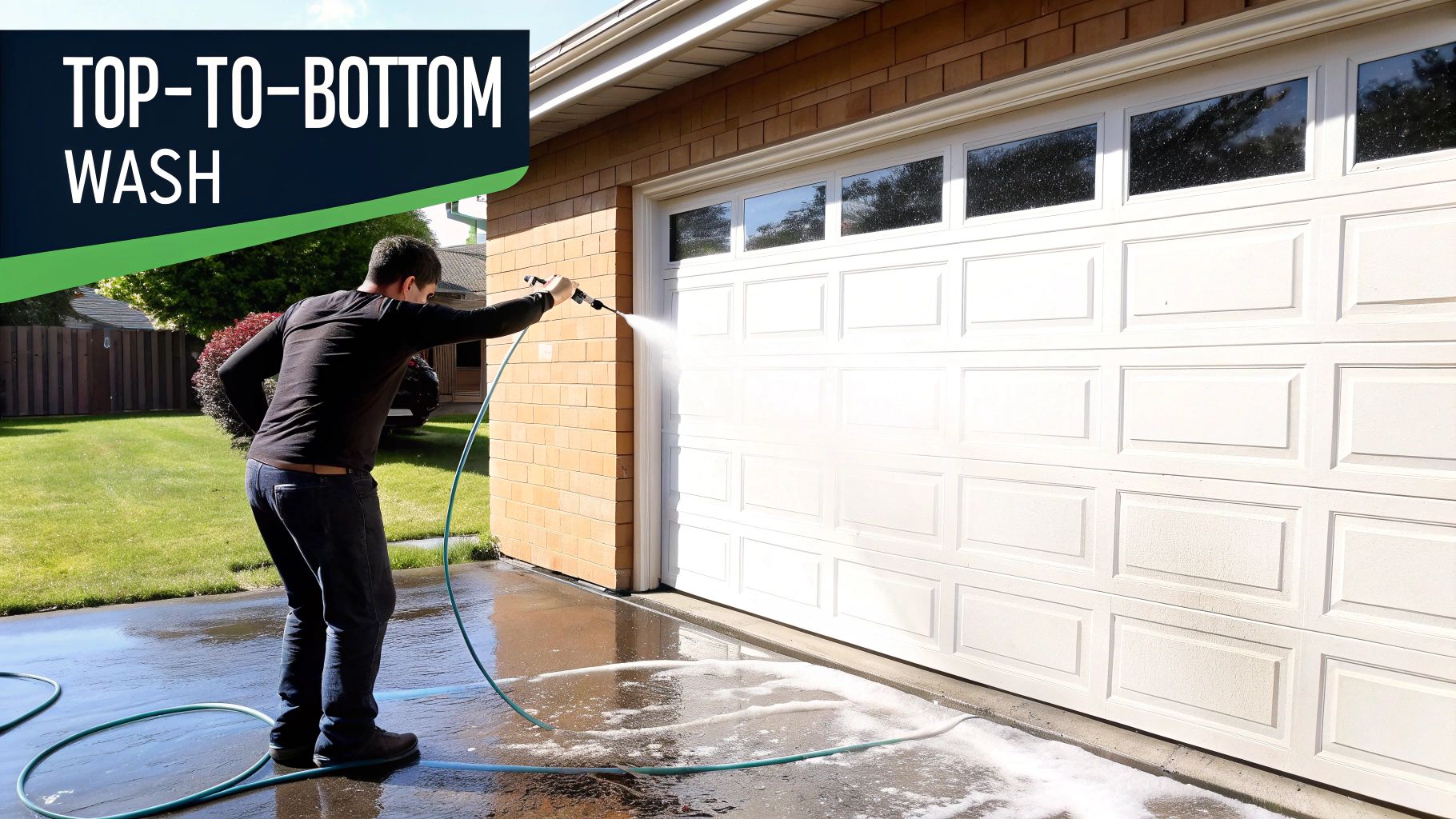 A person using a soft brush to gently wash a residential garage door.