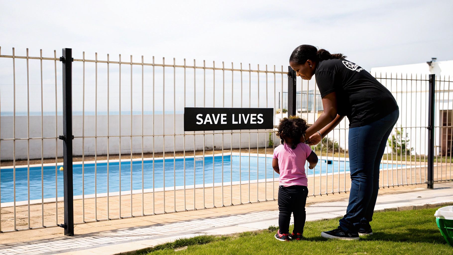 A happy family with young children playing safely in a yard with a secure pool fence in the background.