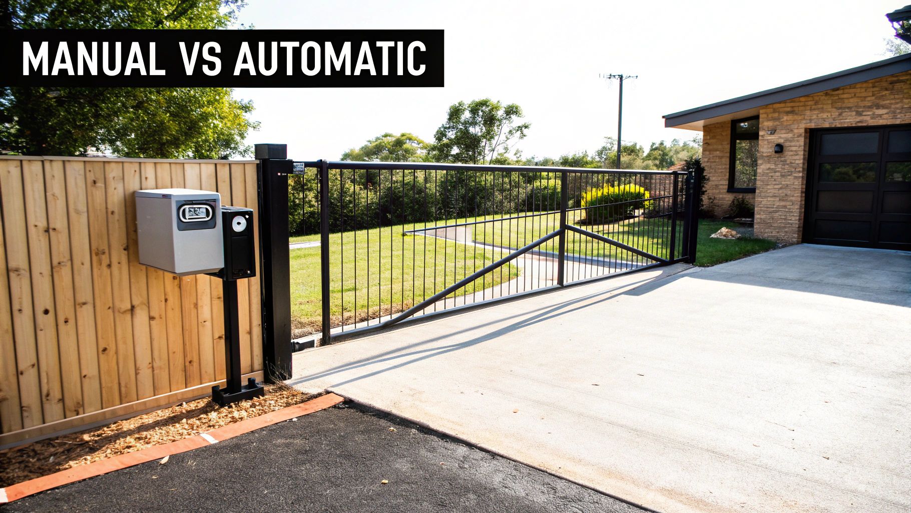 Woman using a remote to open an automatic driveway gate