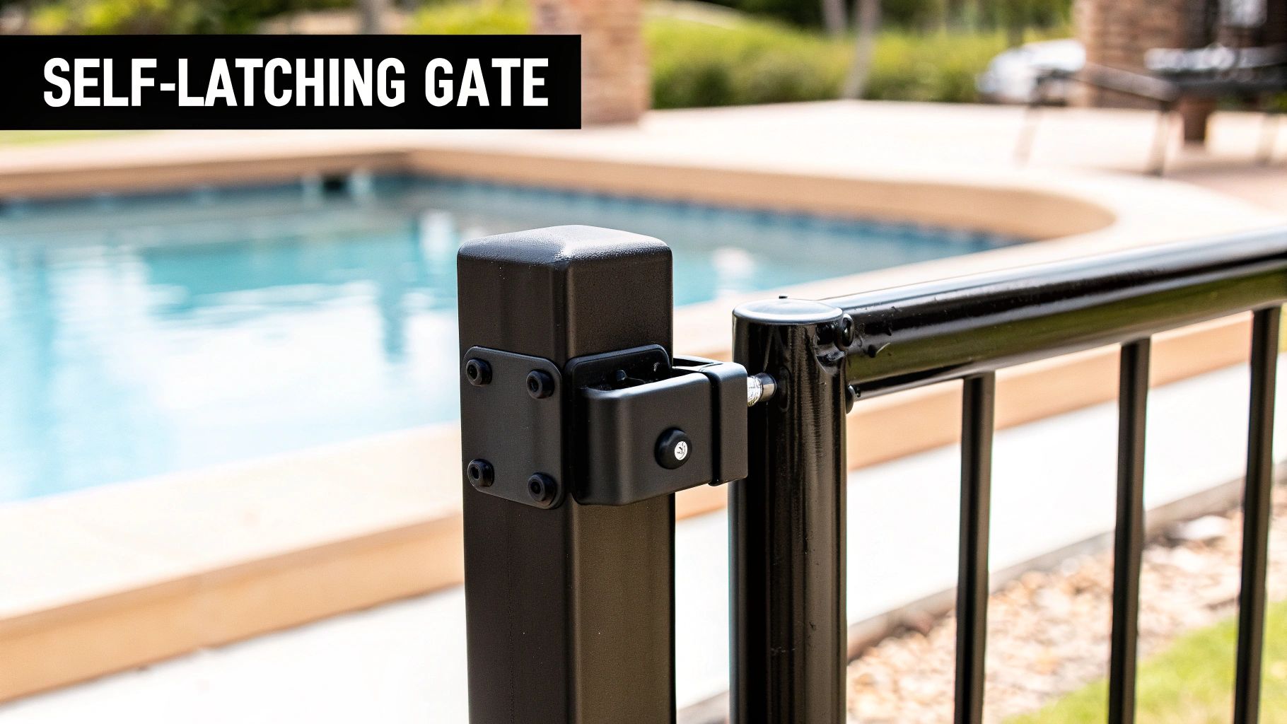 A modern, secure pool gate with a high latch, compliant with Arizona regulations.