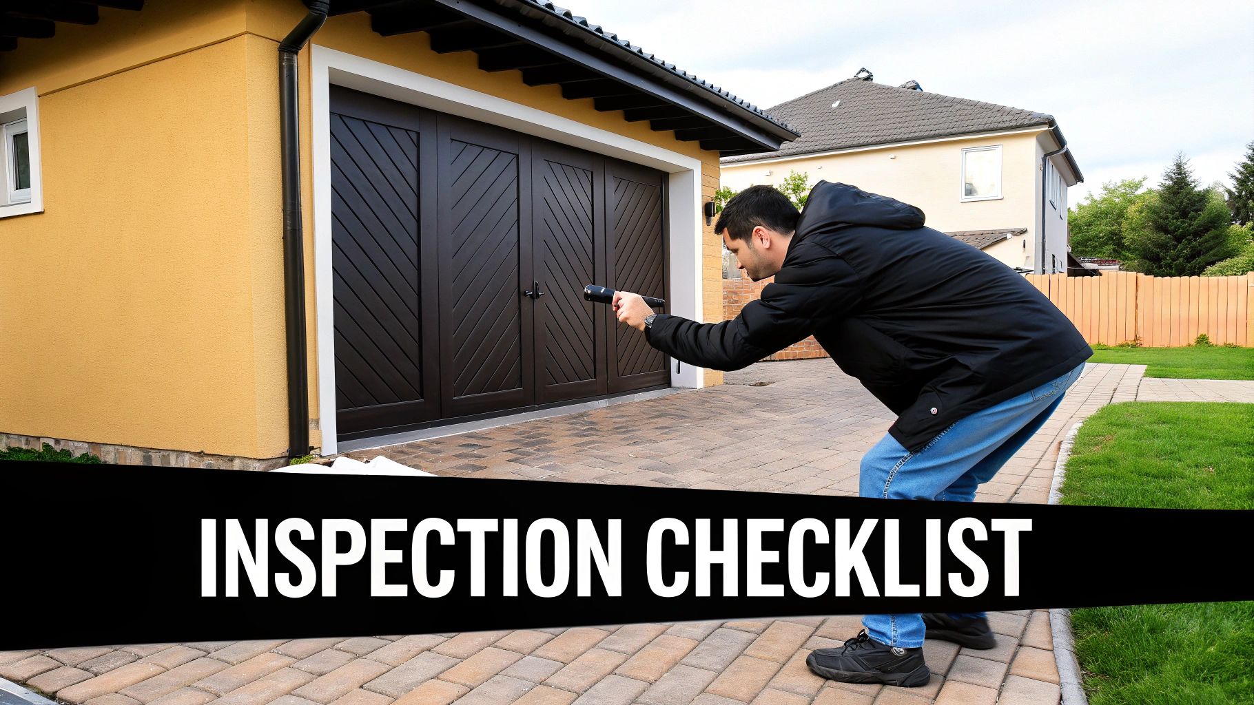 A modern driveway gate with a brick pillar.