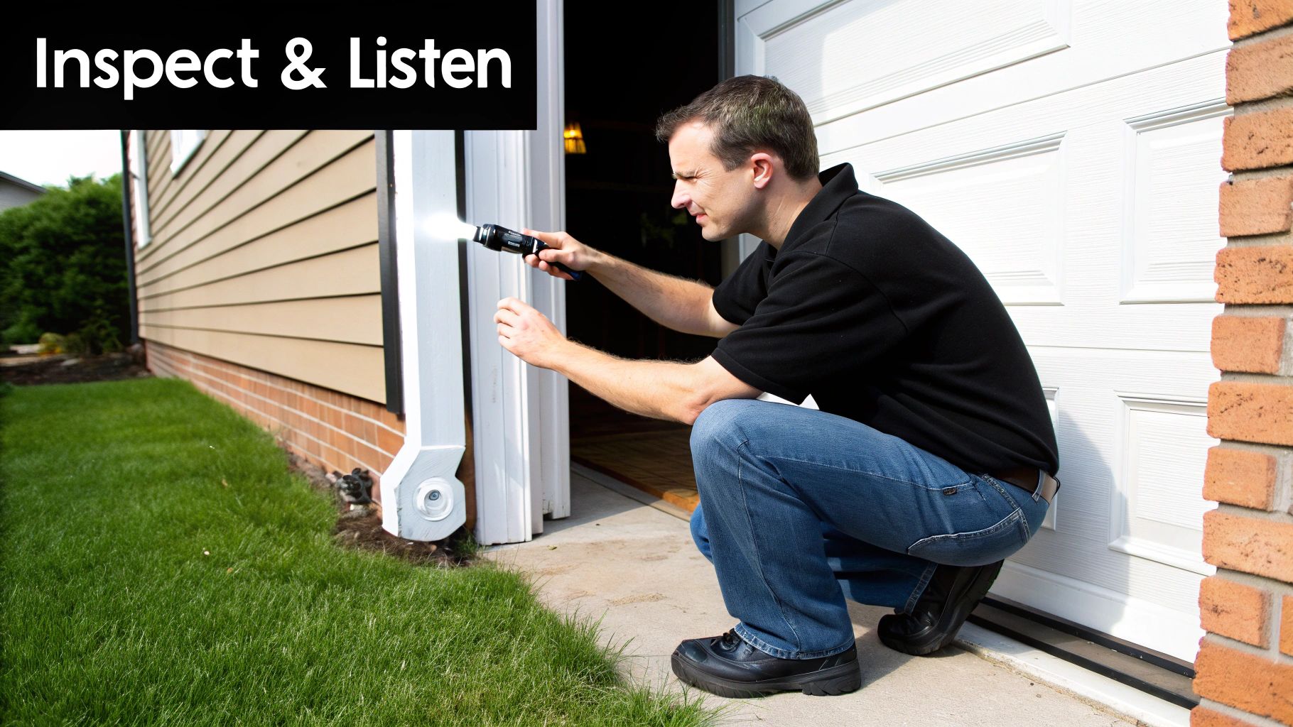 A person's hand pointing to the spring mechanism of a garage door, illustrating an inspection.