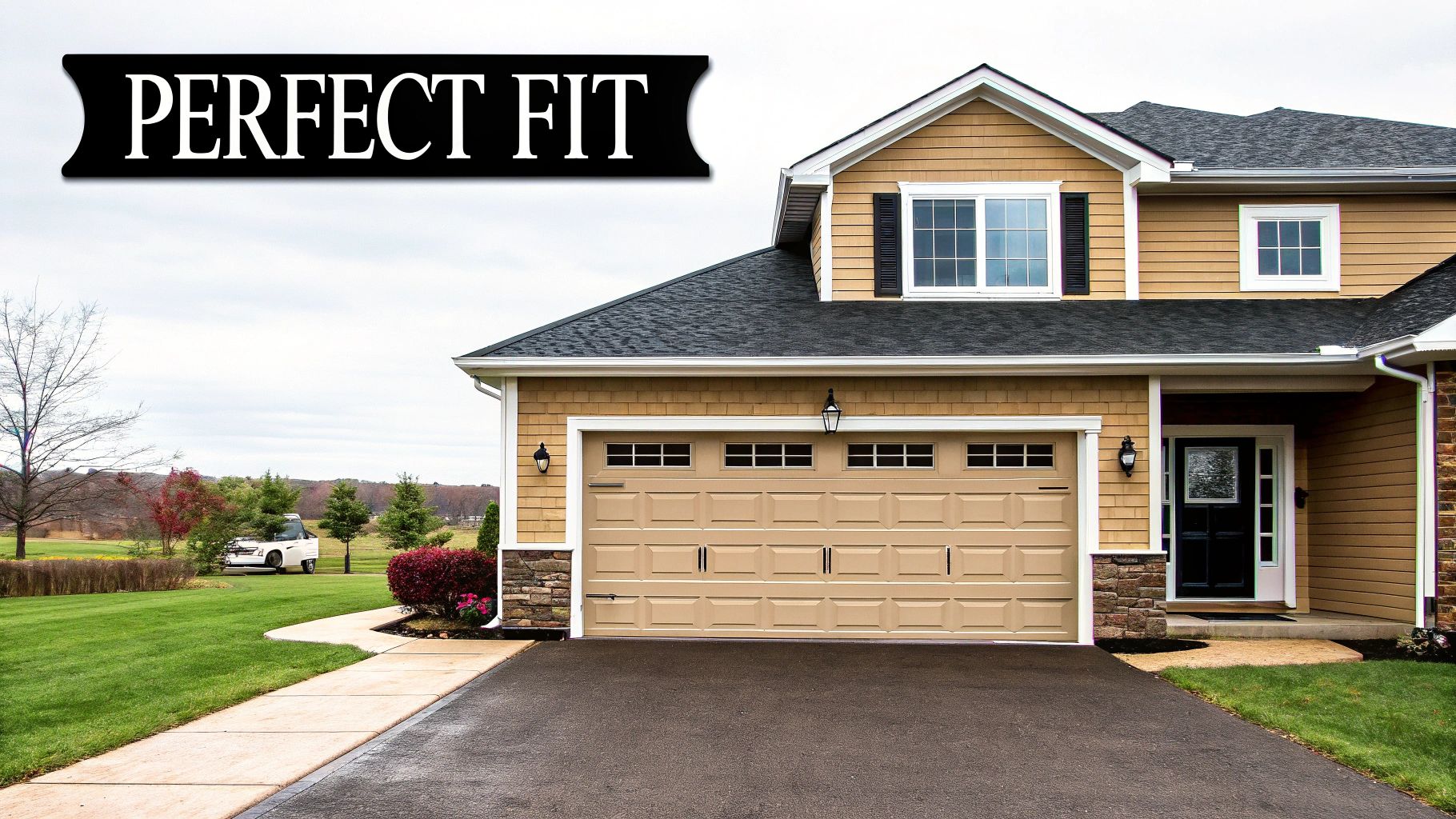 A garage door with a car parked in front, illustrating a common home scenario.