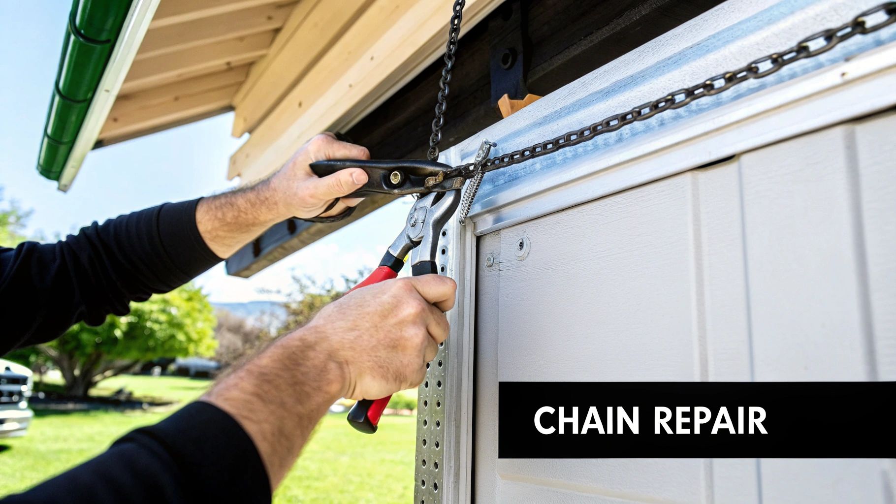 A technician's hands adjusting the tension on a garage door chain.