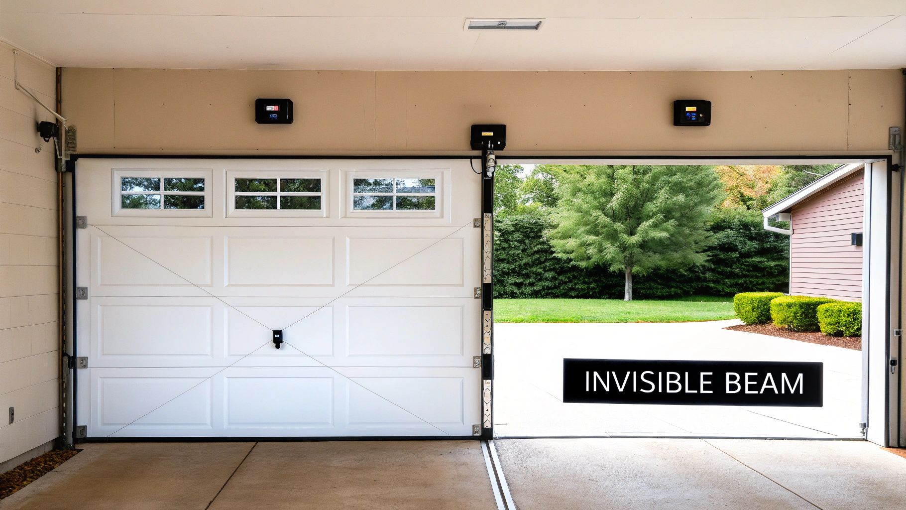 A close-up view of a garage door safety sensor mounted near the floor on the door track, with a clean and modern garage in the background.