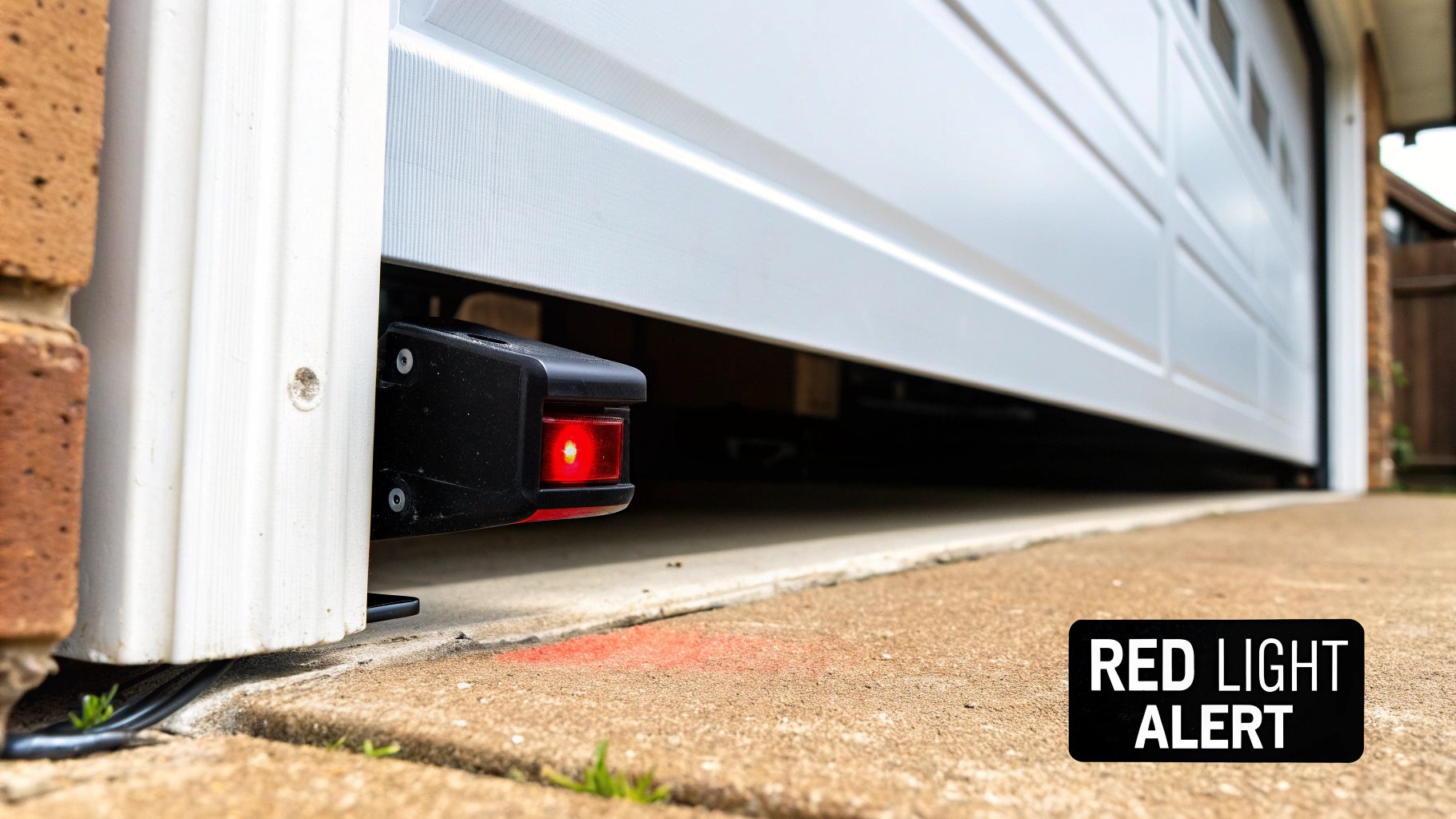 A close-up of a garage door safety sensor mounted on the track, showing the red indicator light.