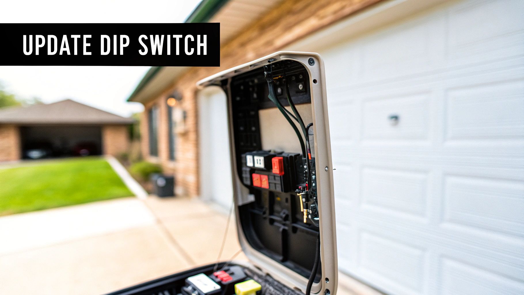 A close-up of a garage door opener remote showing the internal DIP switches.