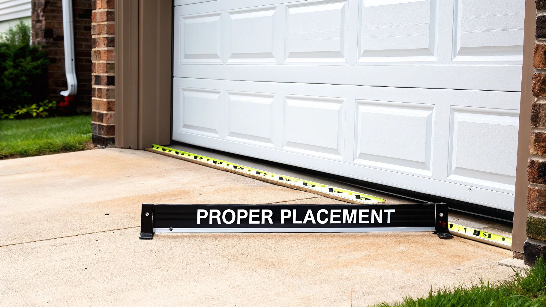 A garage door sensor correctly installed close to the floor on a metal track, ensuring optimal safety.