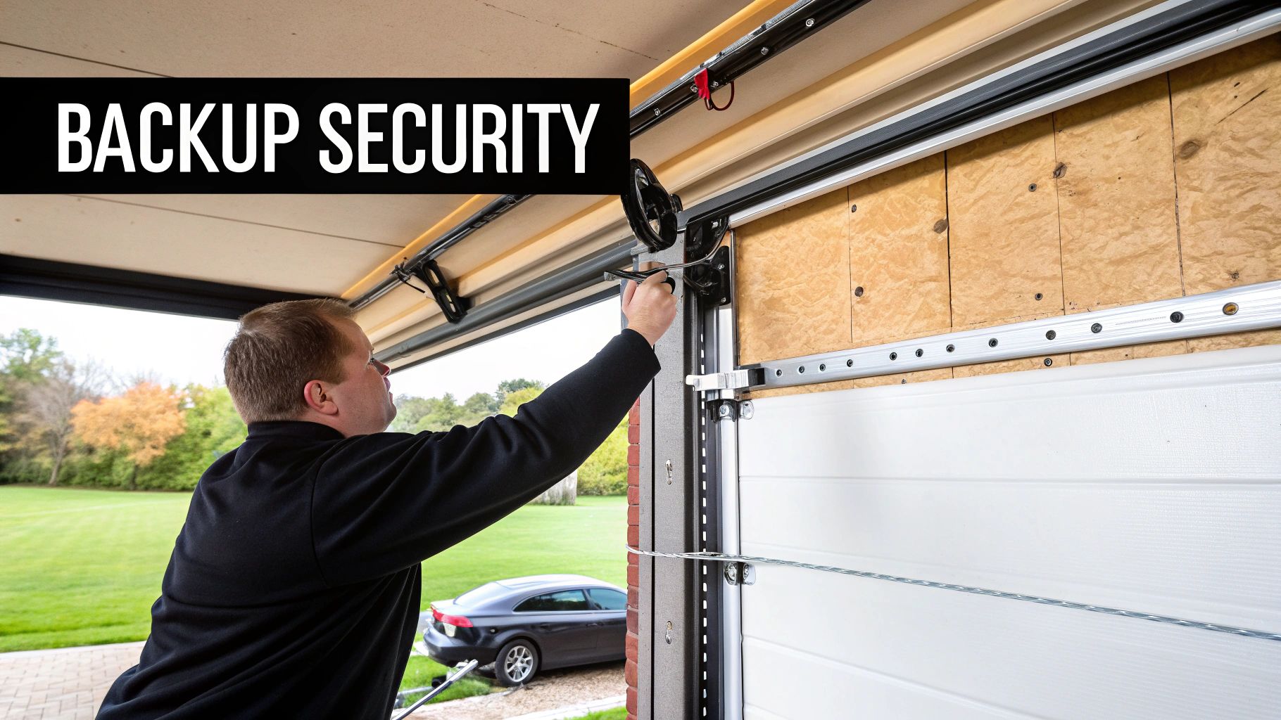 A person's hand manually sliding a lock on the inside of a garage door track.