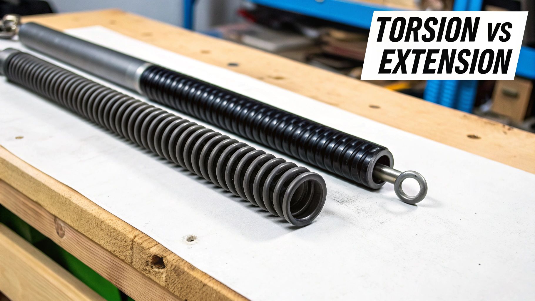 A side-by-side comparison of a torsion spring and an extension spring on a garage door system.