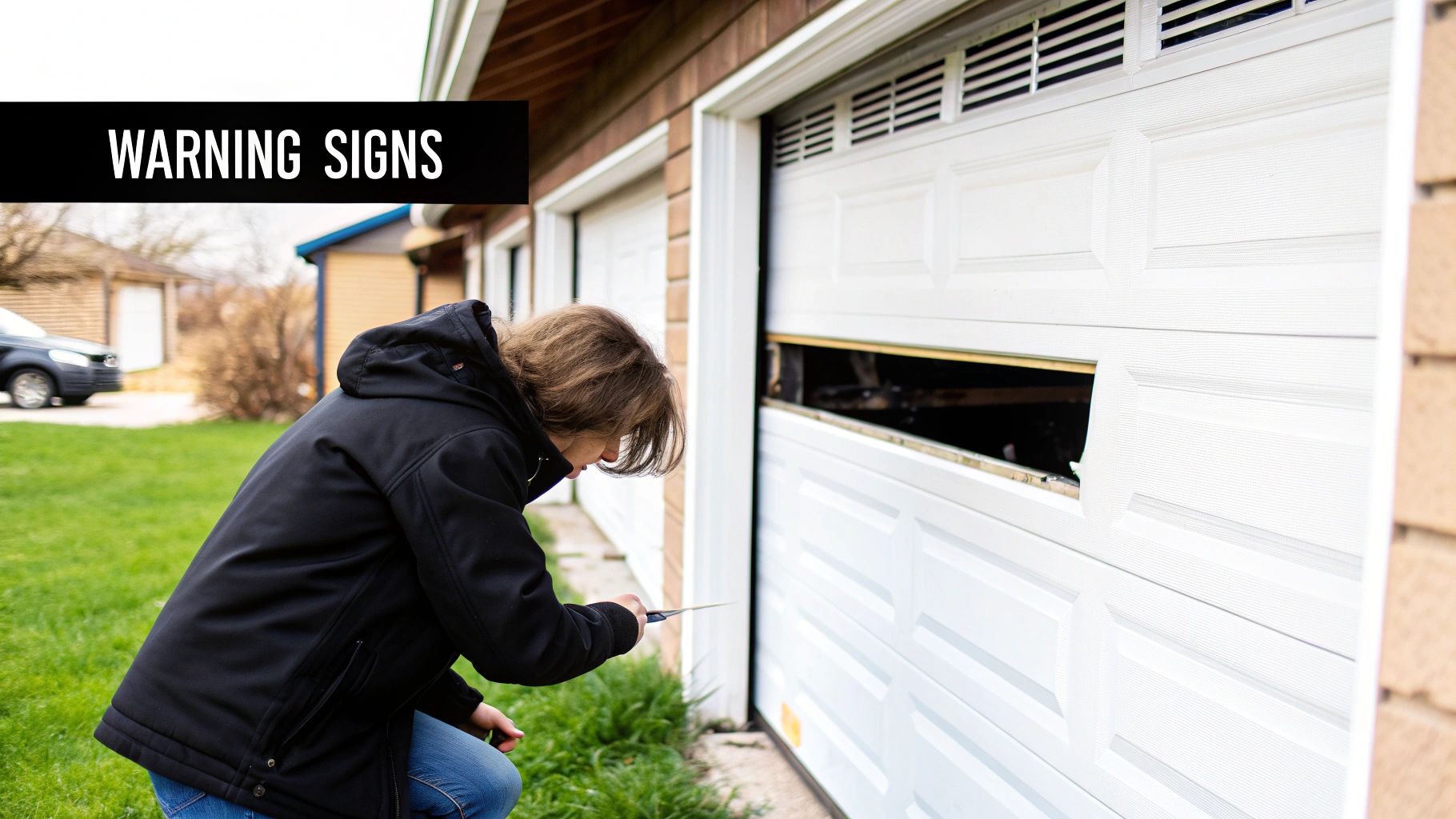 A garage door with a visible broken spring above it.