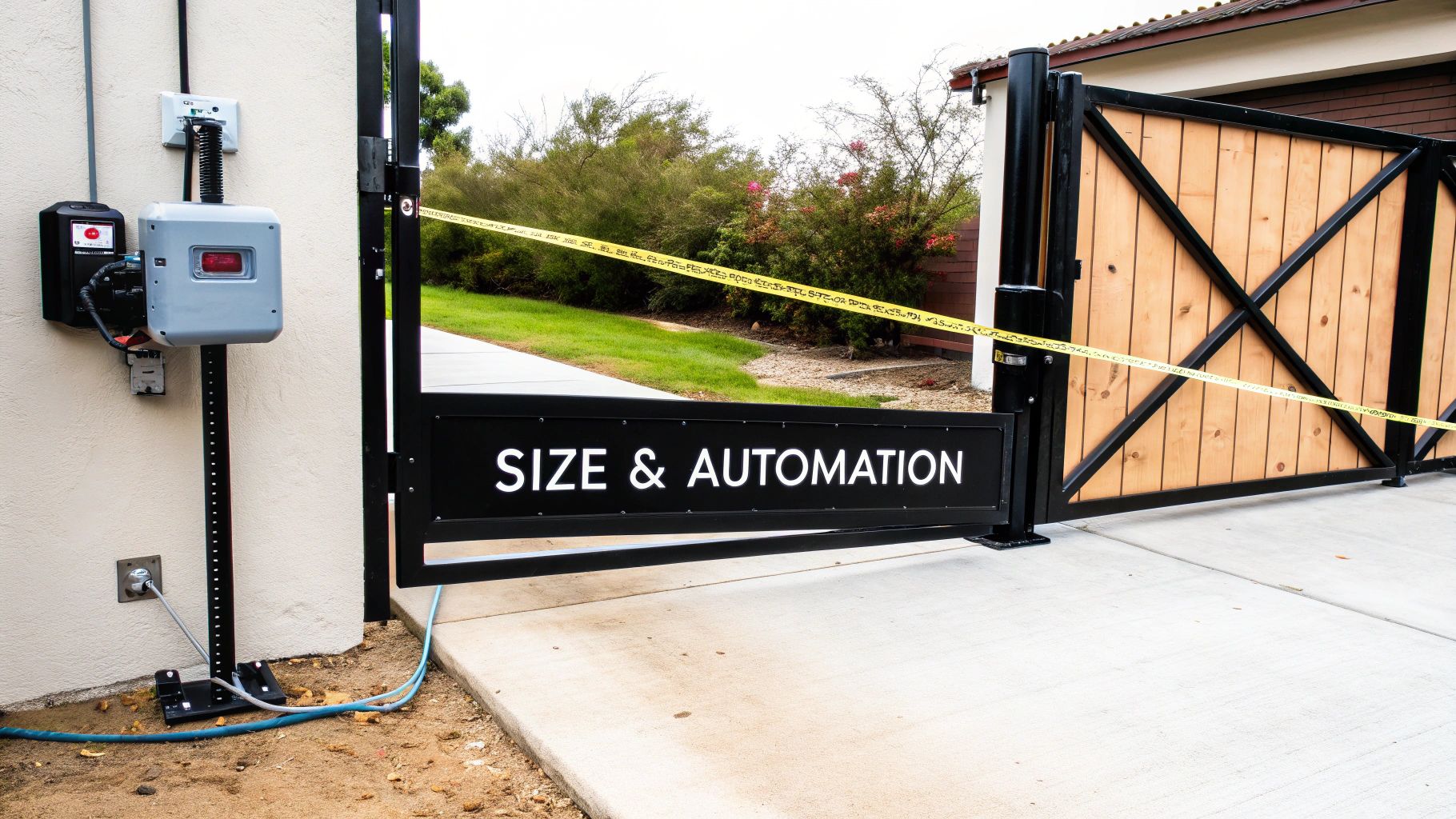 An automatic driveway gate opening with a keypad access control system nearby