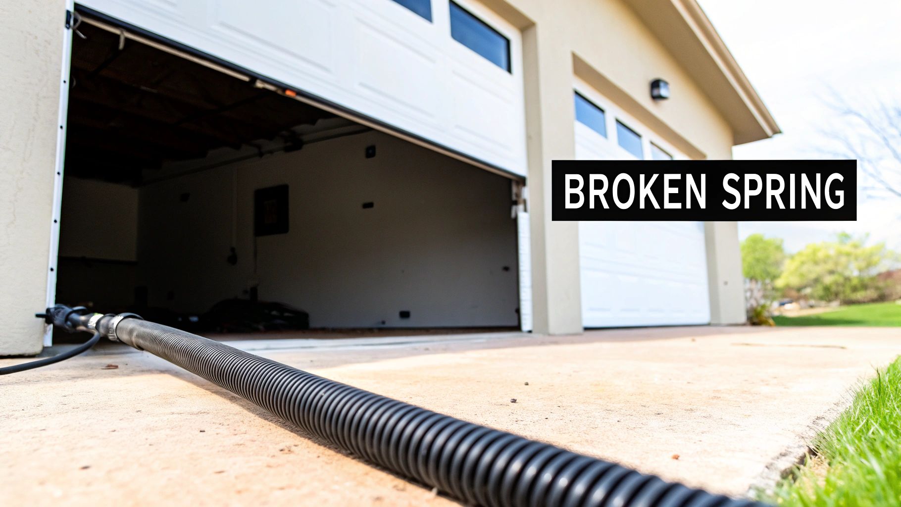A close-up of a broken garage door torsion spring, showing a clear gap in the coil.