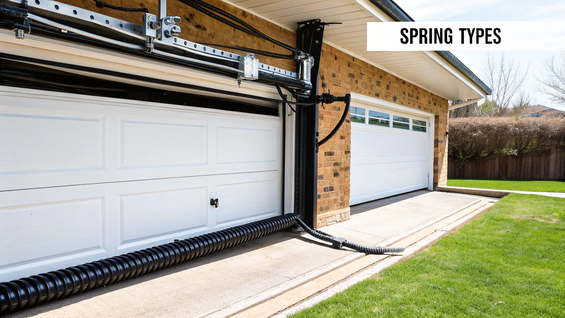 Two types of garage door springs, torsion and extension, shown on a garage door