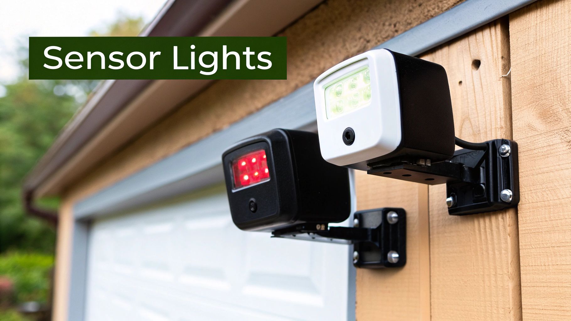 Close-up of an illuminated LED indicator light on a garage door safety sensor.