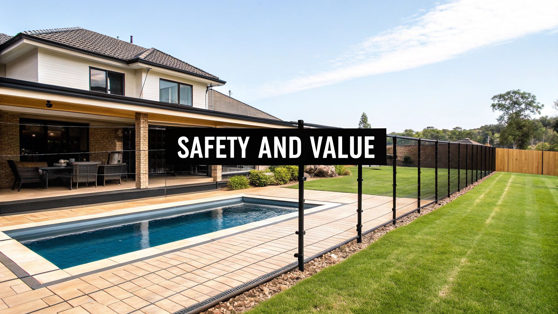 A stylish glass pool fence overlooking a modern pool and patio area.