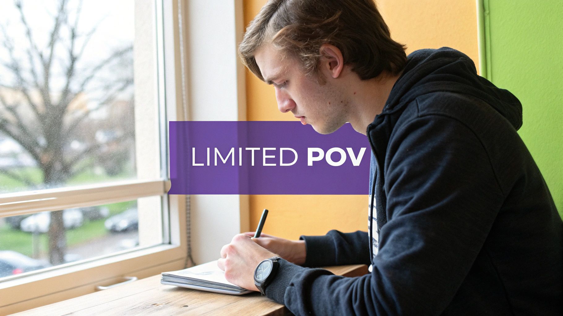 A young man, wearing a dark hoodie and watch, writes in a notebook by a window.