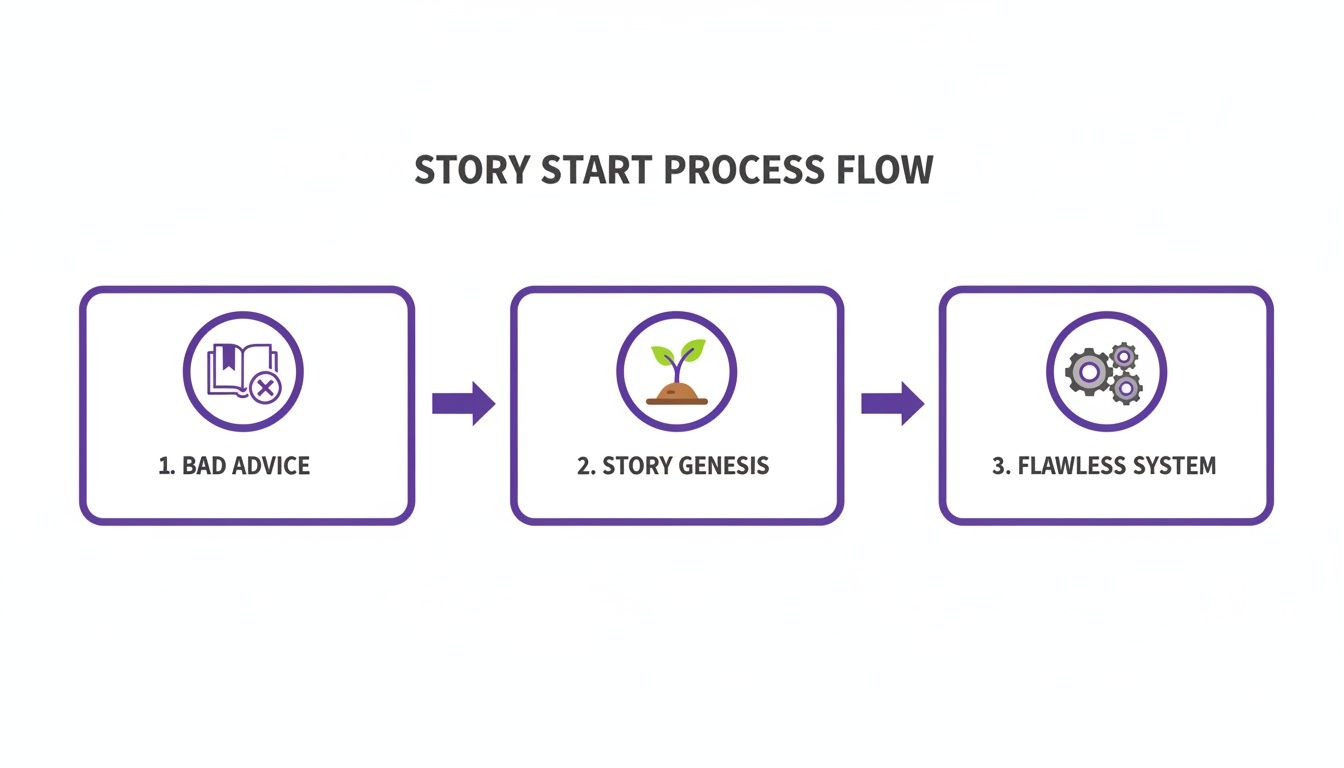 A flowchart illustrates the story start process: bad advice, story genesis (a sprouting plant), and flawless system (gears).