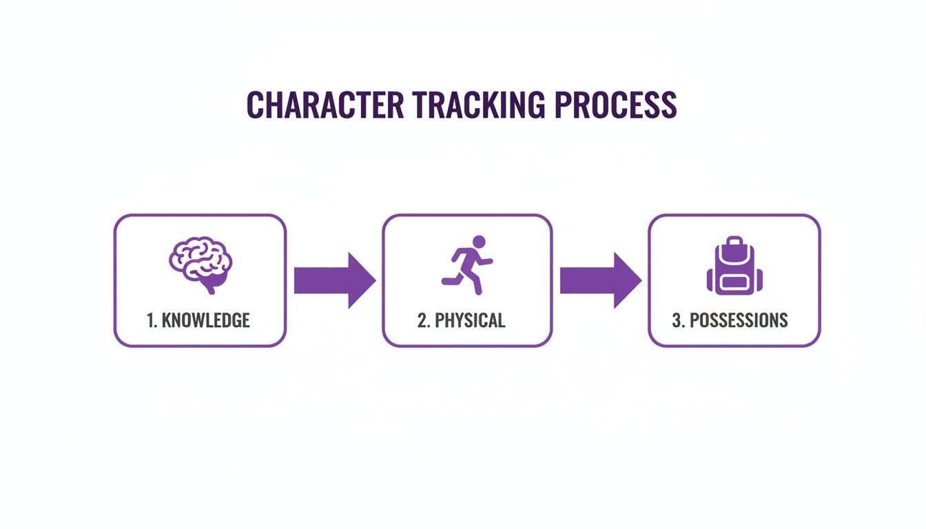 Diagram illustrating the character tracking process, including knowledge, physical attributes, and possessions.