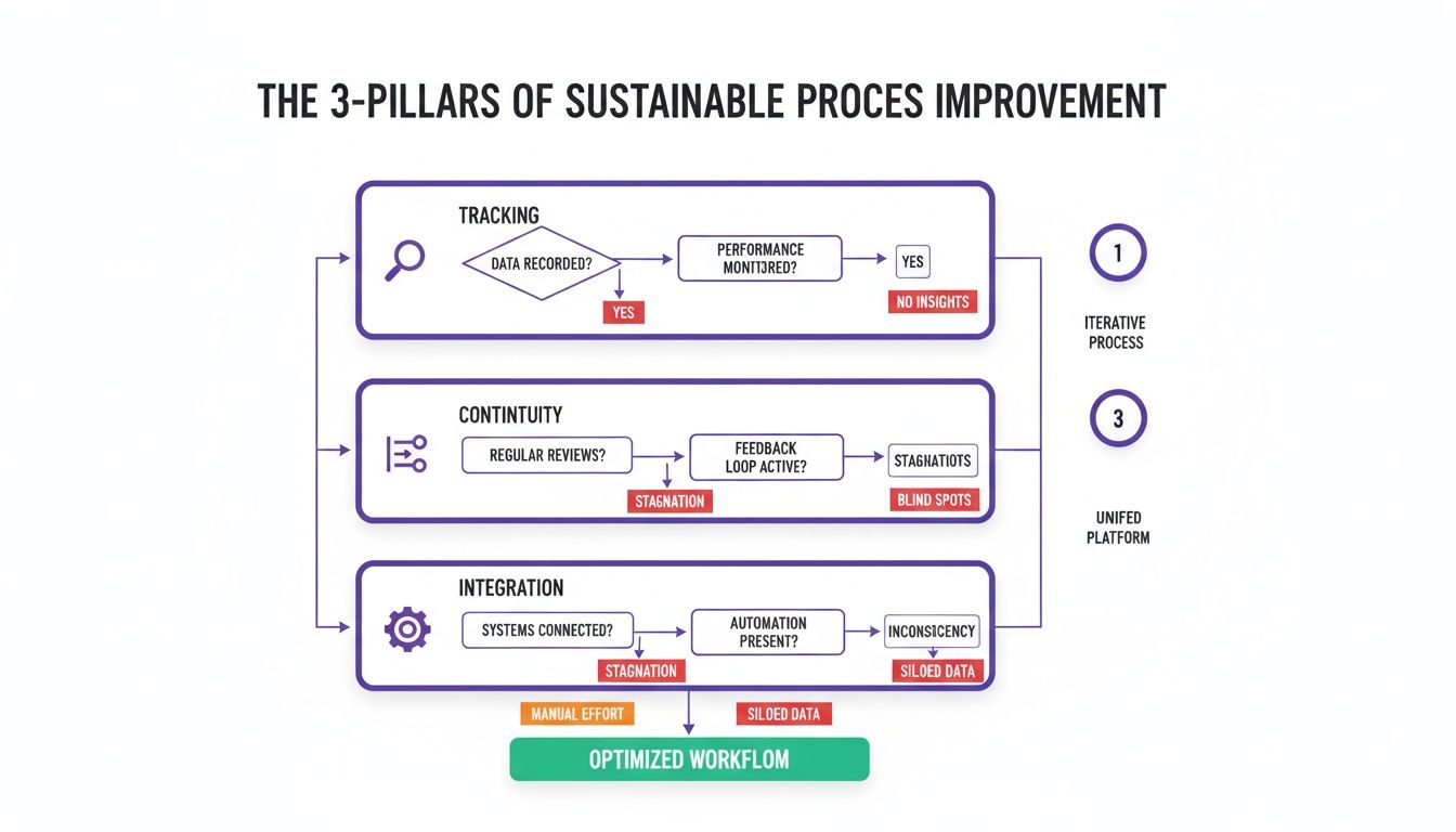 Flowchart detailing the three pillars of sustainable process improvement: tracking, continuity, and integration, leading to an optimized workflow.
