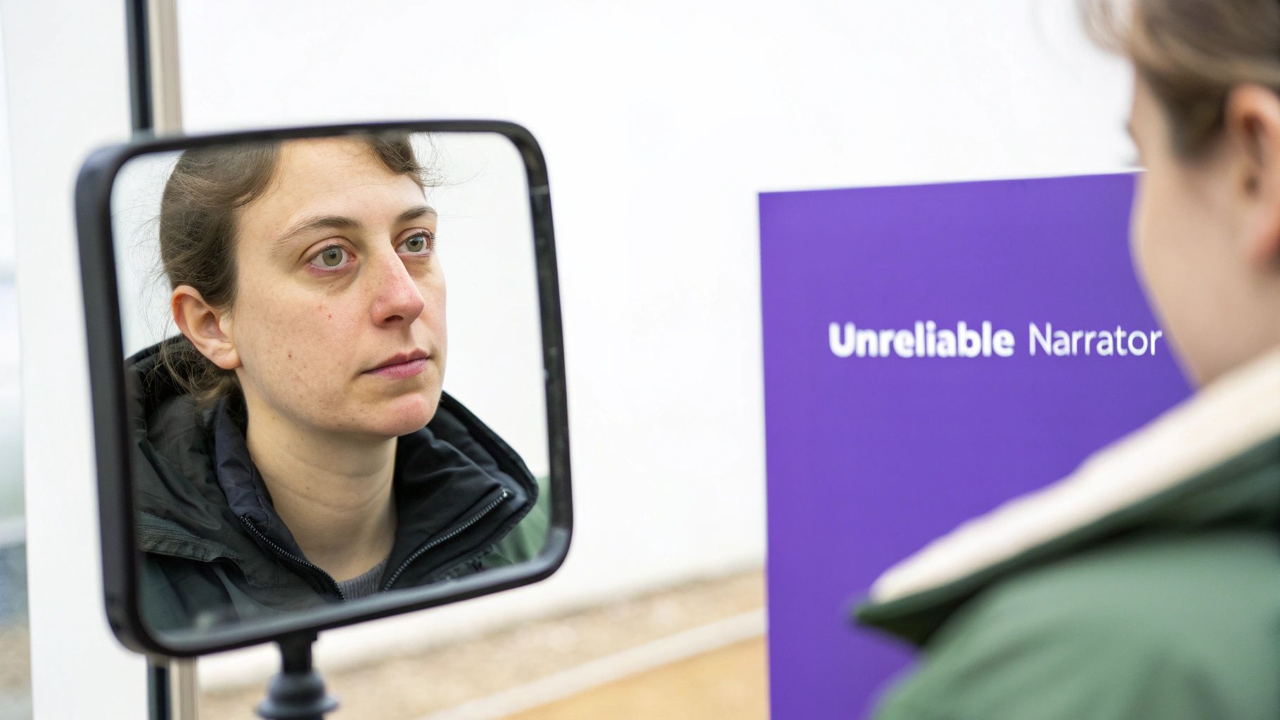 A woman looks intently into a mirror reflecting her face, with a purple sign reading "Unreliable Narrator" visible in the background.