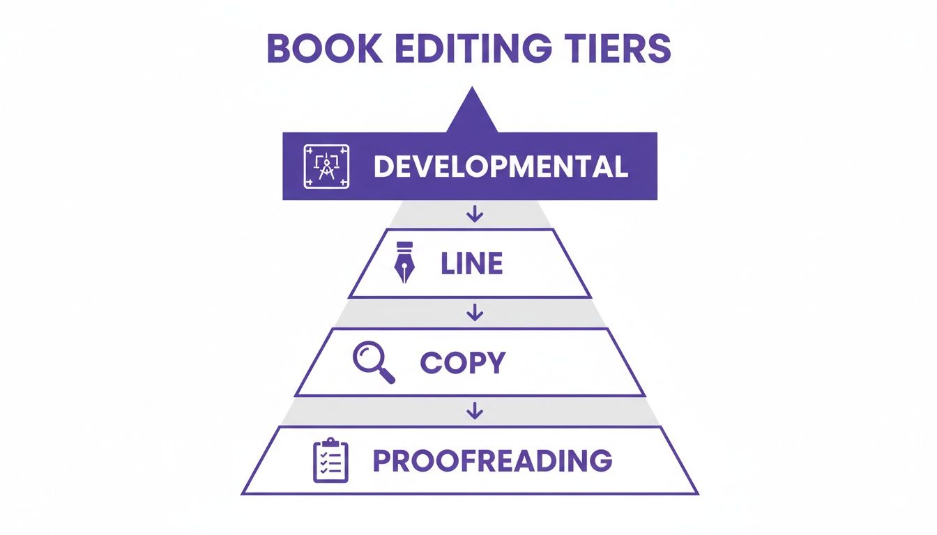 A pyramid diagram illustrating the four book editing tiers: developmental, line, copy, and proofreading.