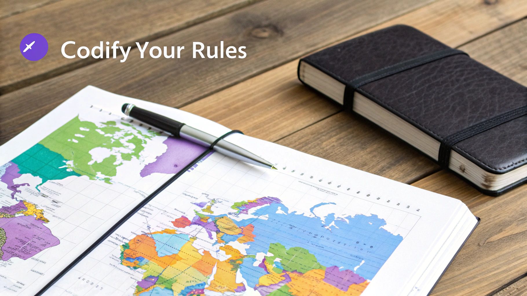An open notebook with world maps and a pen, next to a black journal on a wooden table.