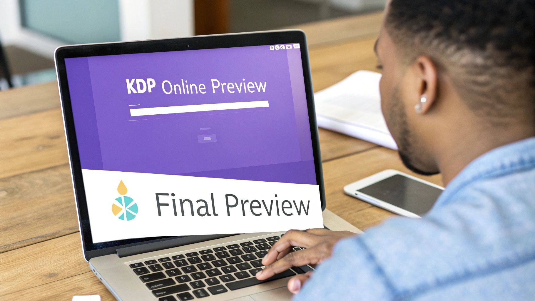 A person reviews content on a laptop displaying KDP Online Preview and Final Preview screens.