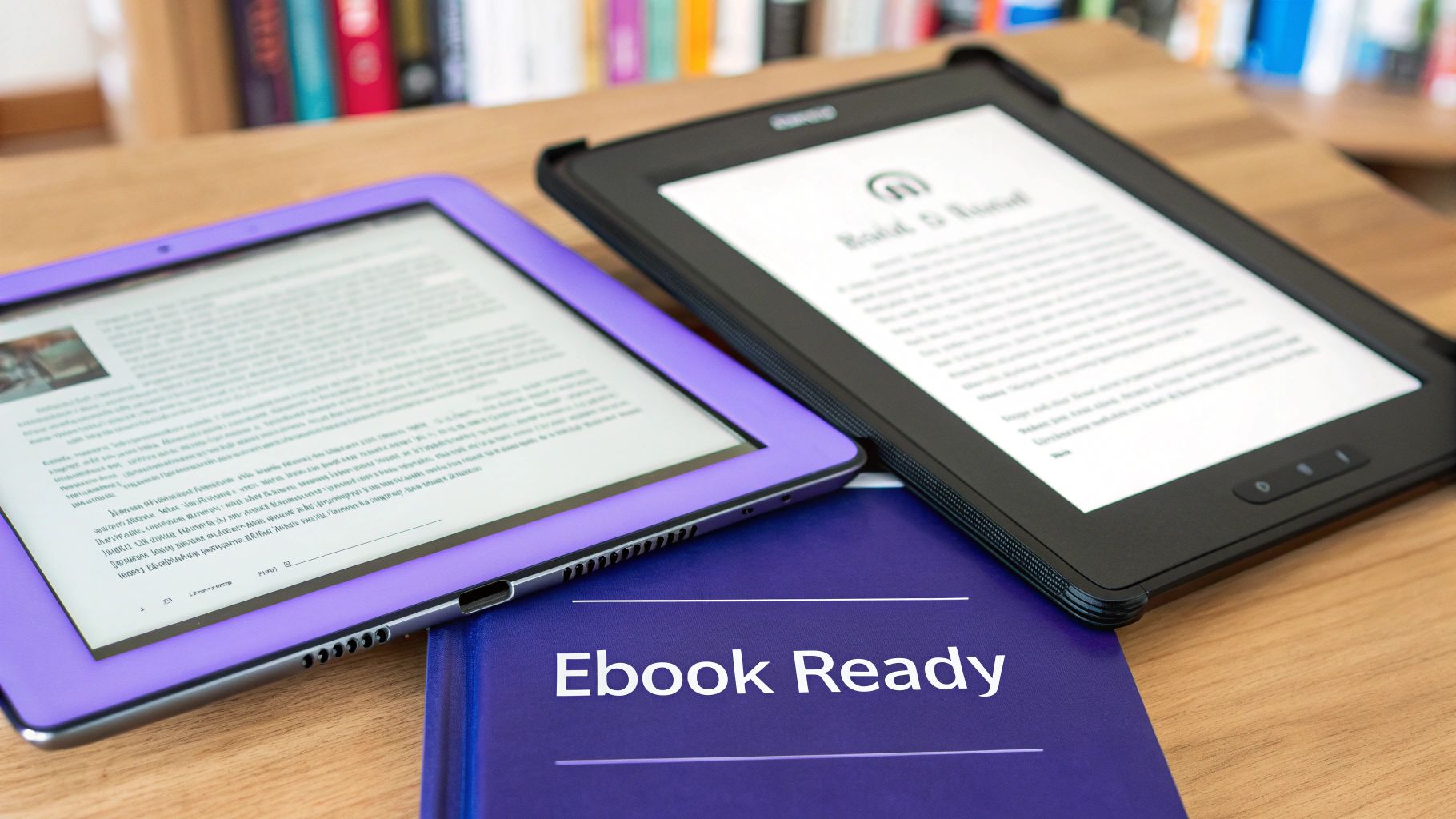 Two e-readers, one purple and one black, lie on a wooden table with an 'Ebook Ready' book.