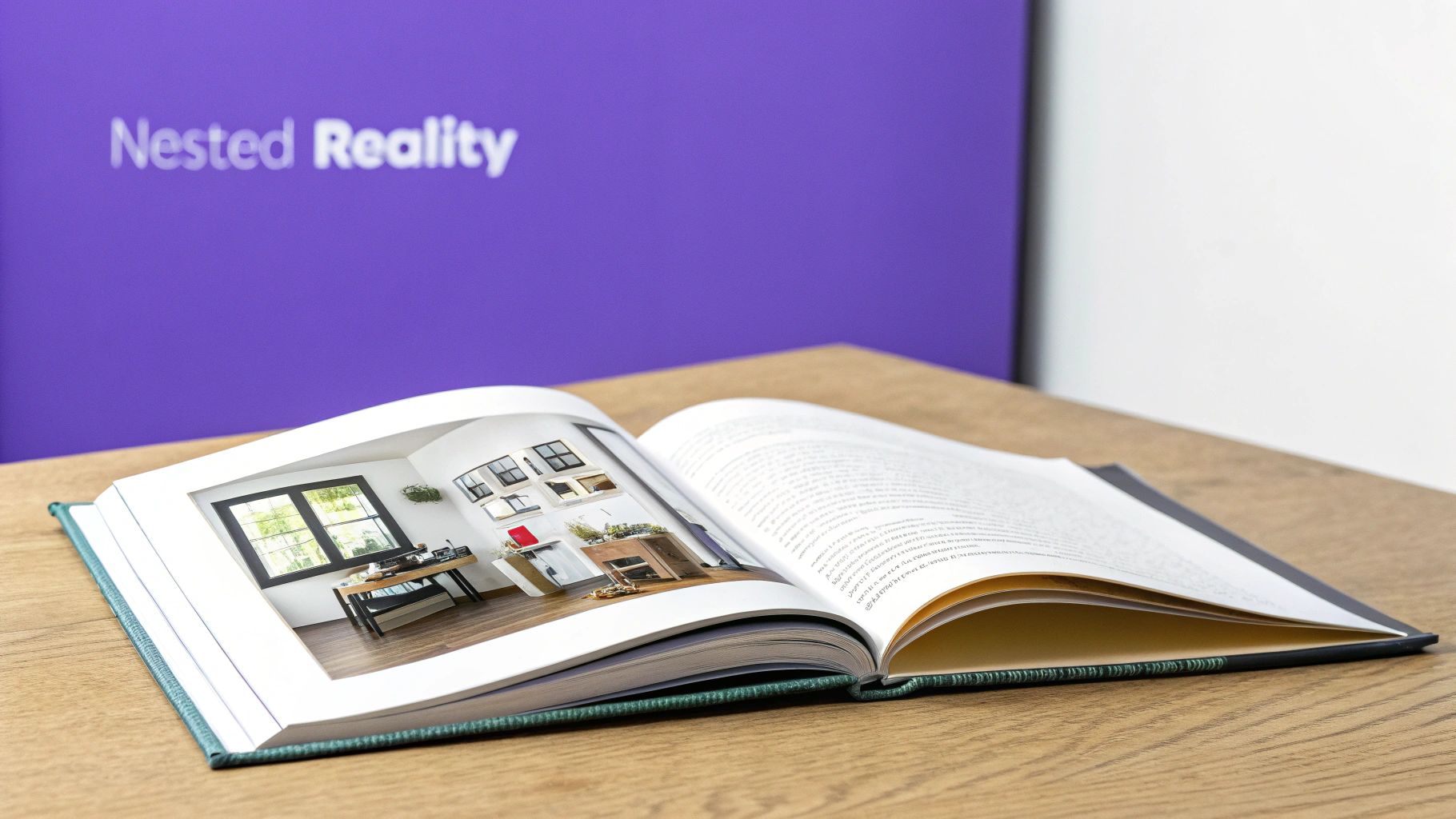An open book on a wooden table displays an interior design image and text, with 'Nested Reality' in the background.