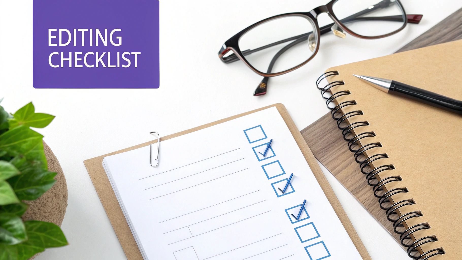 A flat lay of an editing checklist, glasses, notebook, and pen on a white desk.
