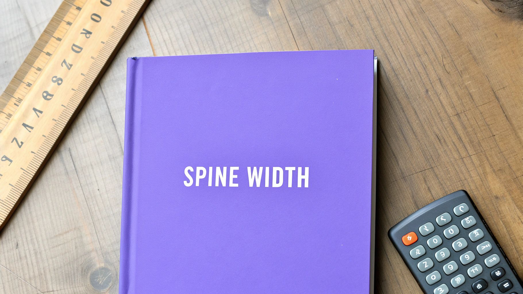 Purple book labeled 'SPINE WIDTH' next to a wooden ruler and calculator on a wooden desk.