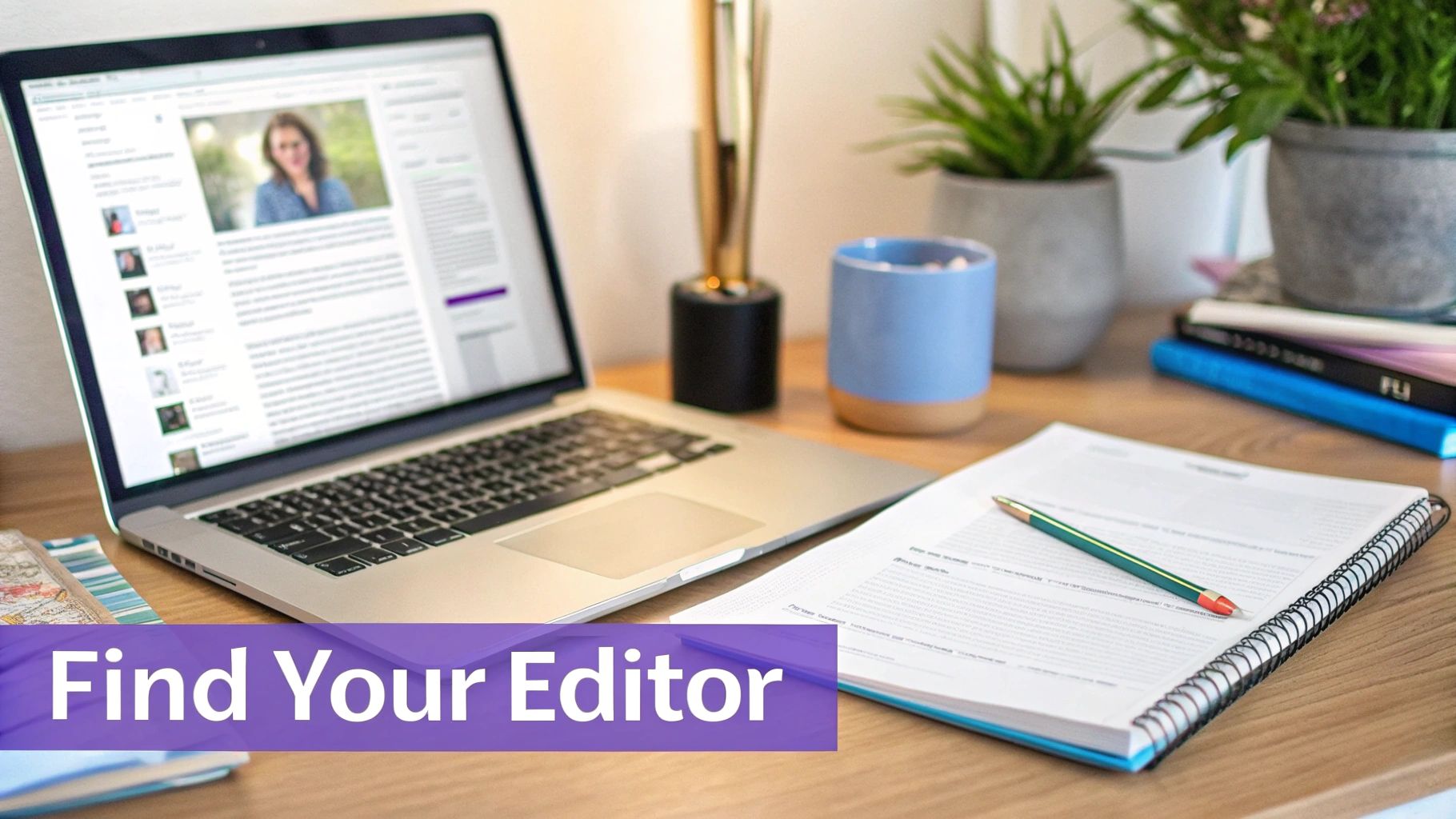 A laptop showing an editor's profile, a notebook with a pen, plants, and books on a wooden desk.
