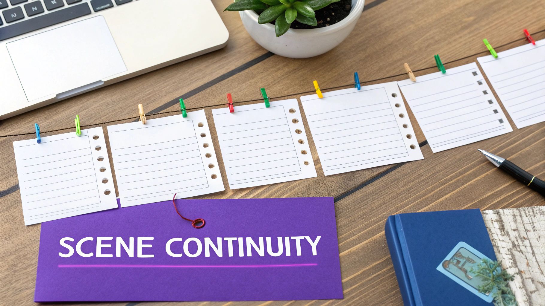 Overhead view of a workspace featuring a 'Scene Continuity' card, blank notes, laptop, and plant.