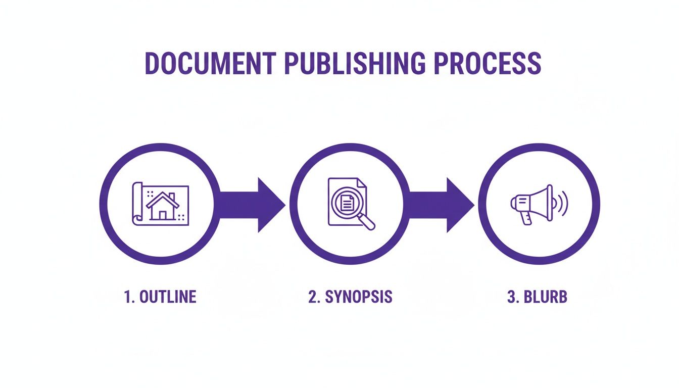 A three-step document publishing process illustrated with icons for outline, synopsis, and blurb.