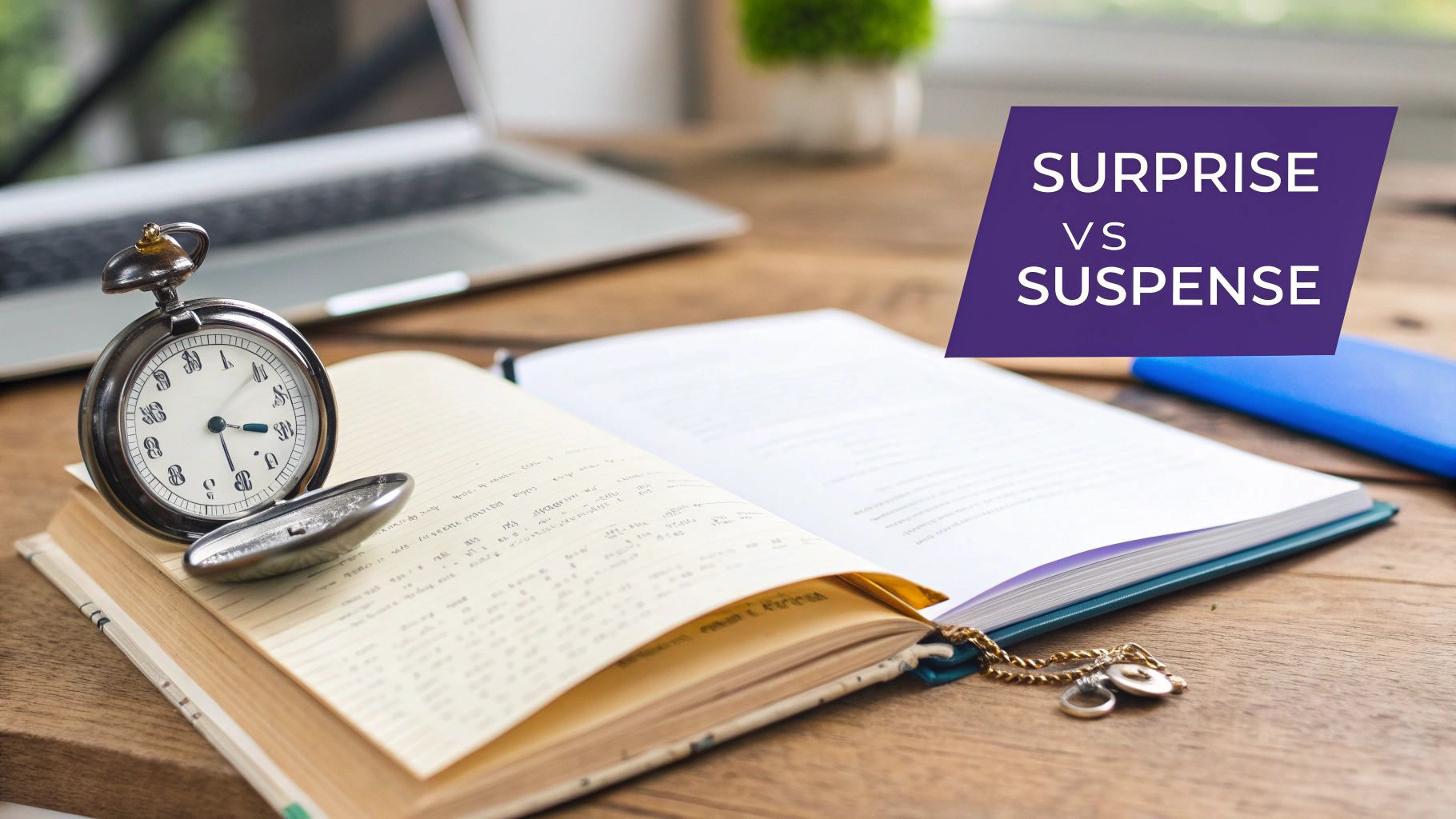 A vintage pocket watch rests on an open notebook next to a laptop with "SURPRISE VS SUSPENSE" text.